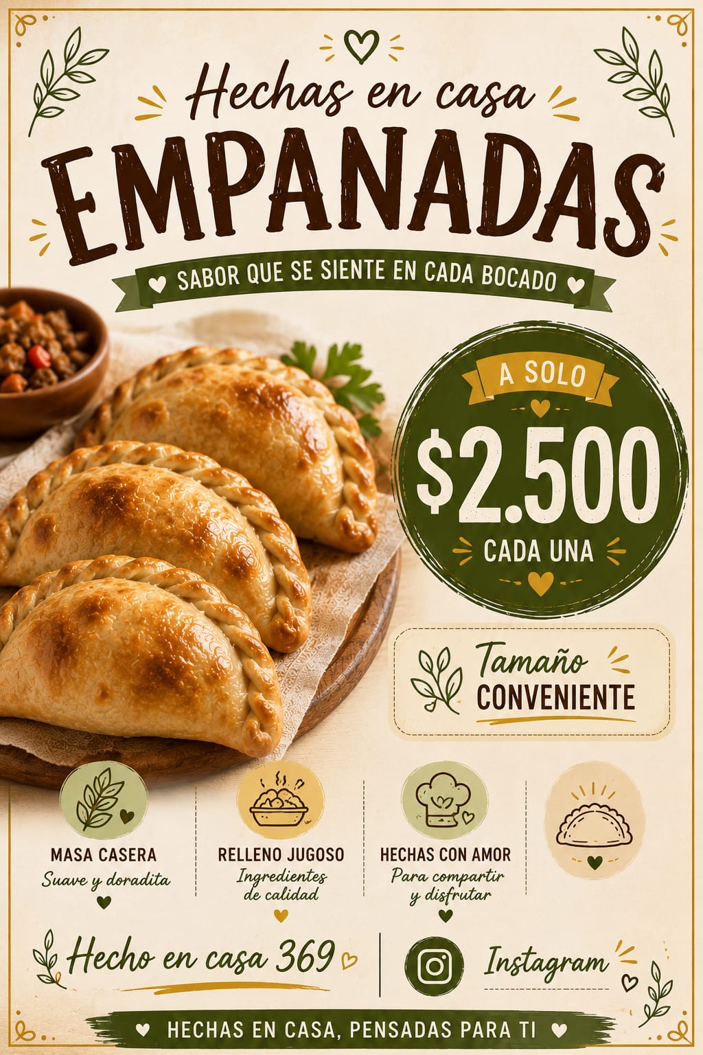 Empanadas artesanales recién horneadas de Hecho en Casa 369